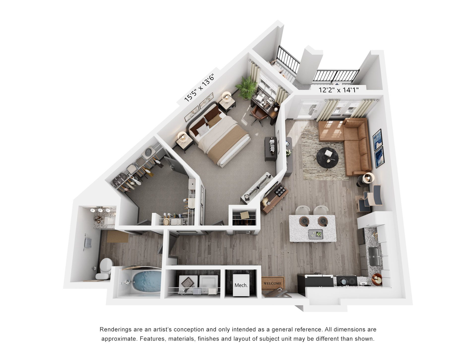 Floor plan for 1 bed, 1 bath, 833 sqft